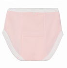 Pink underwear with white trim on a white background