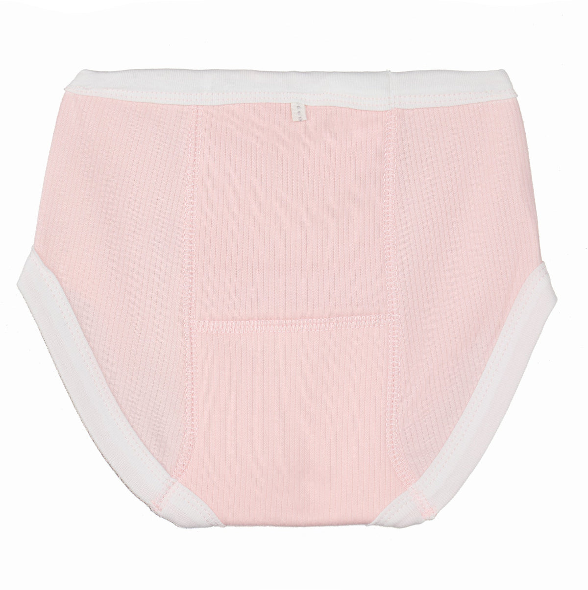 Pink underwear with white trim on a white background