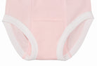 Pink baby onesie with white trim on a white background