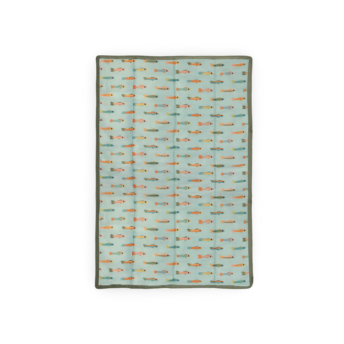 Flannel blanket with fish pattern on a light blue background
