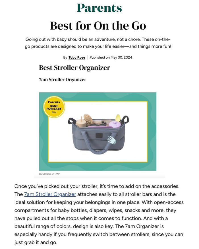 Product review of 7am Stroller Organizer in a magazine layout with text about on-the-go products.