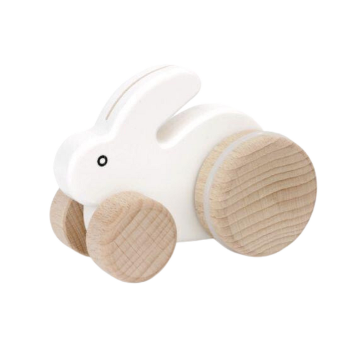 Wooden toy rabbit with wheels on a white background