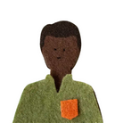 Felt figurine of a person wearing a green shirt with an orange pocket on a white background