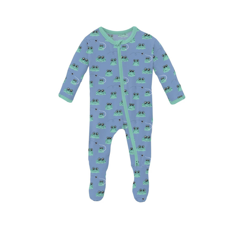 Print Footie with 2 Way Zipper - Dream Blue Bespeckled Frogs by Kickee Pants