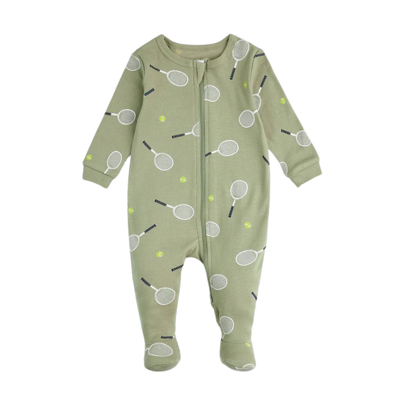 Footed Sleeper - Tennis Print on Lawn Green by Petit Lem