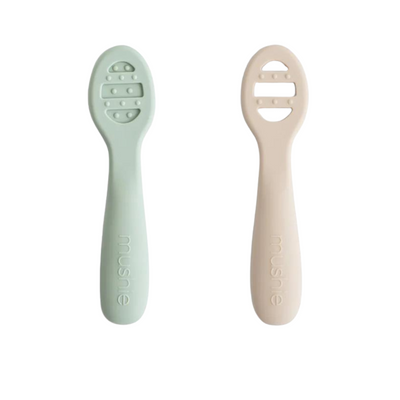 Silicone First Feeding Baby Spoons 2-Pack - Cambridge Blue/Shifting Sand by Mushie & Co