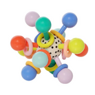Colorful baby toy with multiple rings and beads on a white background