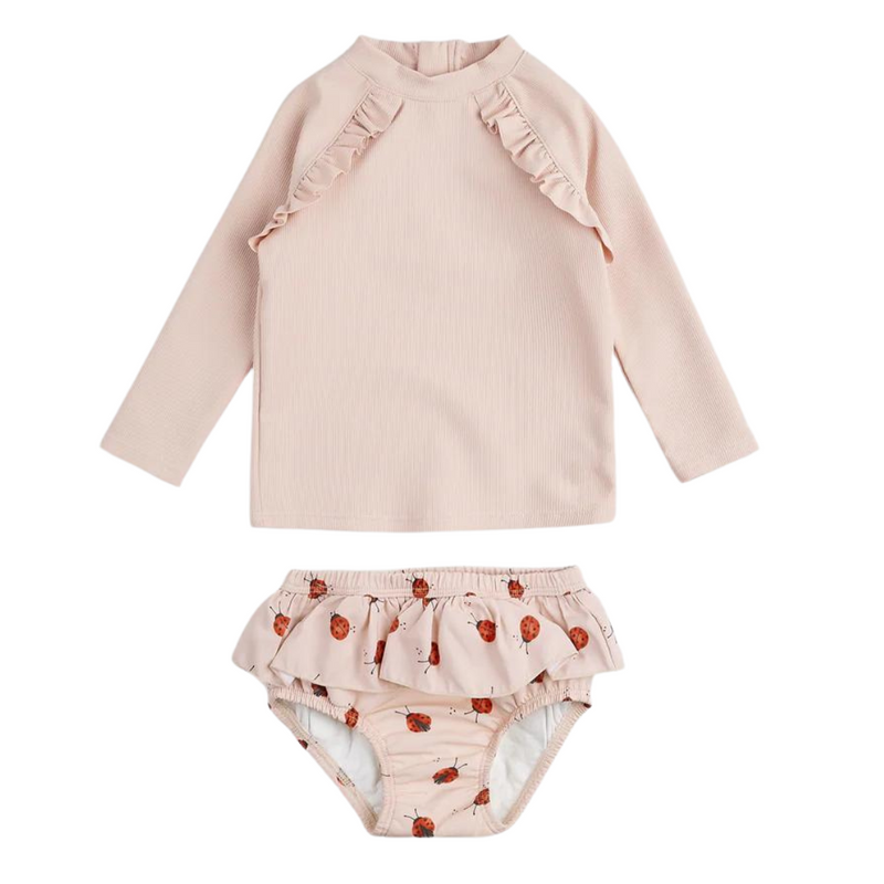 Ribbed Rose Rashguard Set With Lady Bug Swim Diaper by Petit Lem