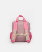 A pink backpack shown from the back, featuring bright pink shoulder straps with beige adjustable buckles and a matching pink top handle, set against a plain light gray background.