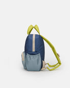 Small blue and gray backpack with green straps on a white background