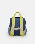 Small blue and gray backpack with green straps on a white background