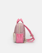 A small pink backpack with a front pocket and adjustable shoulder strap, photographed against a plain light gray background.