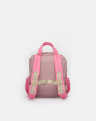 A pink backpack shown from the back, featuring bright pink shoulder straps and side pockets with beige adjustable buckles, set against a plain light gray background.
