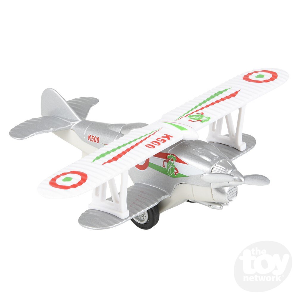 Toy airplane with red and green designs on a white background