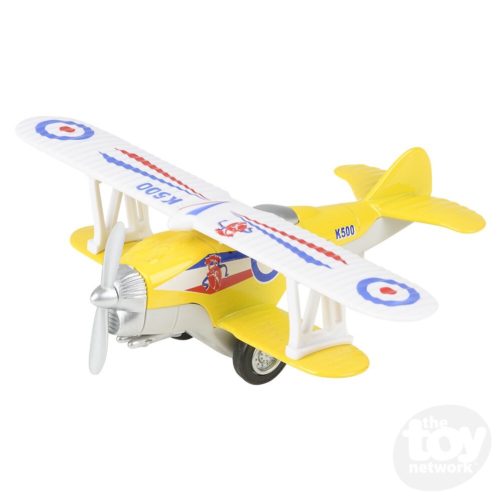 Toy biplane model with yellow body and white wings on a white background