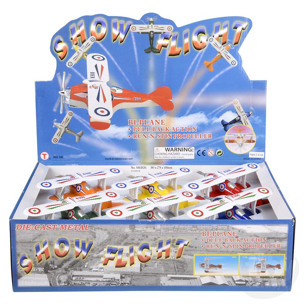 Box of 'Show Flight' toy airplanes with a blue background