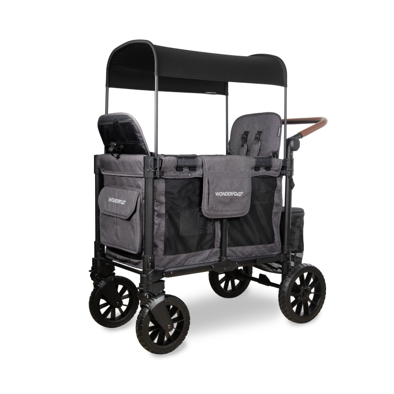 Gray and black double stroller wagon with canopy on a white background