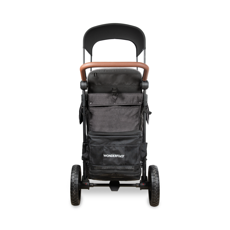 Black stroller with brown handle on a white background