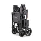 Gray folding stroller with backpack on a white background