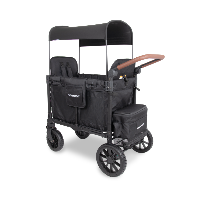 Black double stroller with canopy on a white background