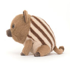 Plush toy anteater with brown and beige stripes on a white background