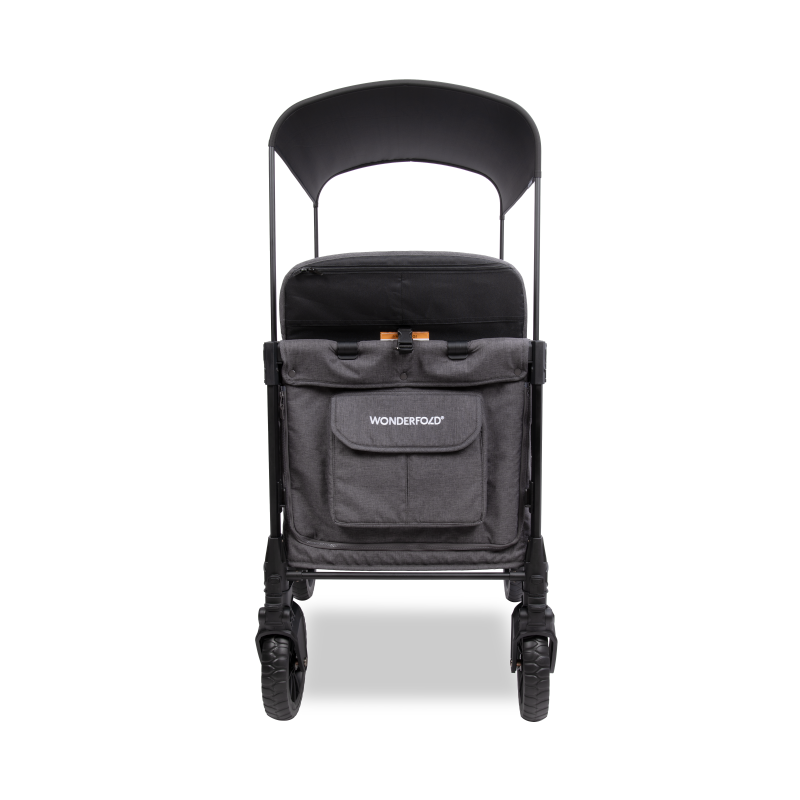 Black stroller with a bag on a white background