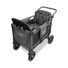 A dark gray Wonderbug stroller wagon with a matching padded child seat, black wheels, and a brown handlebar, shown on a clean white background.
