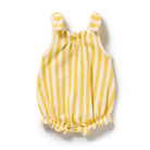 Yellow and white striped baby romper on a white background