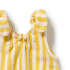 Yellow and white striped baby romper on a white background