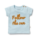 Light blue t-shirt with 'Follow the sun' text on a white background