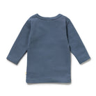 A long-sleeve waffle-knit baby top in a dusty slate blue color, shown from the back on a clean white background.