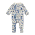 Baby onesie with blue and white animal pattern on a white background