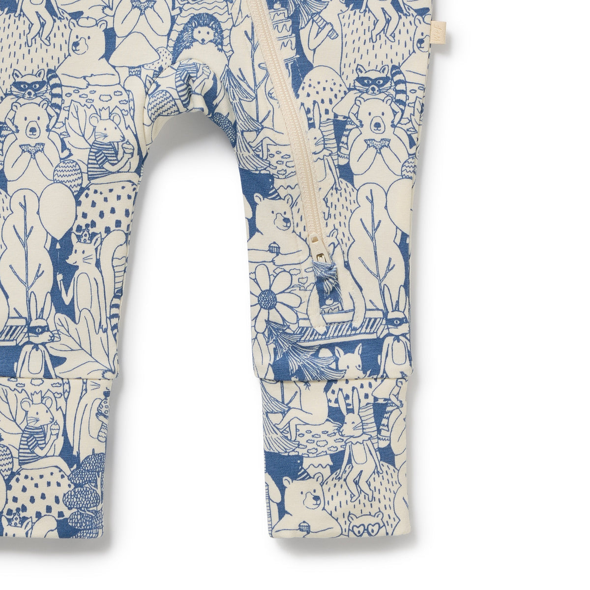 Children's leggings with a blue and white animal pattern on a white background