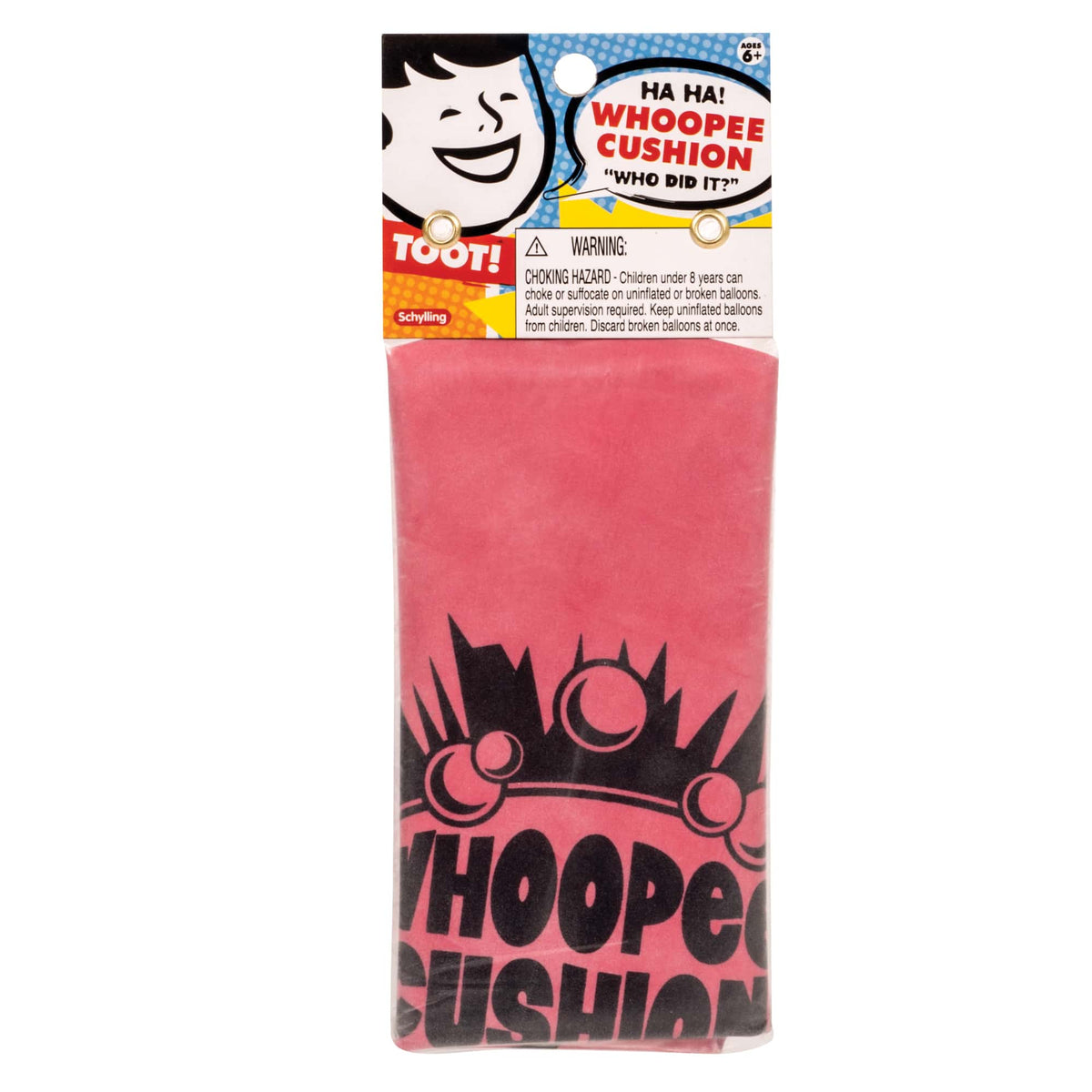 Pink whoopee cushion with packaging on a white background