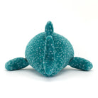 Teal plush toy with speckled pattern on a white background