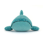 Teal plush toy with speckled pattern on a white background