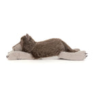 A realistic plush stuffed animal of a sleeping wolf lying on its side, featuring brown and gray fur with a light beige snout and paws, set against a plain white background.
