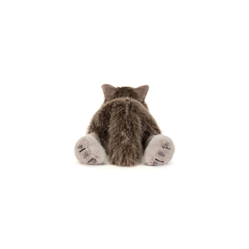 A plush stuffed cat toy shown from the back, with brown fur and light gray paws, photographed on a clean white background.