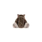 A plush stuffed cat toy shown from the back, with brown fur and light gray paws, photographed on a clean white background.