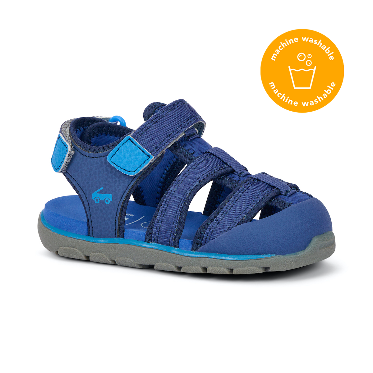 Blue sandal with gray sole on a white background, featuring a machine washable icon.