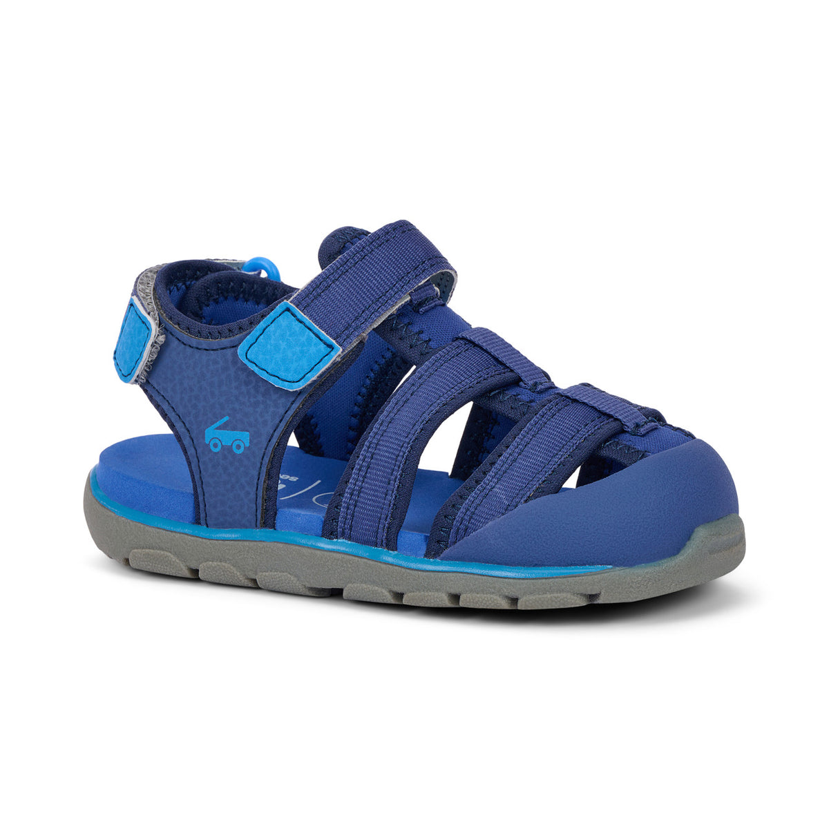 Blue children's sandal with gray sole on a white background