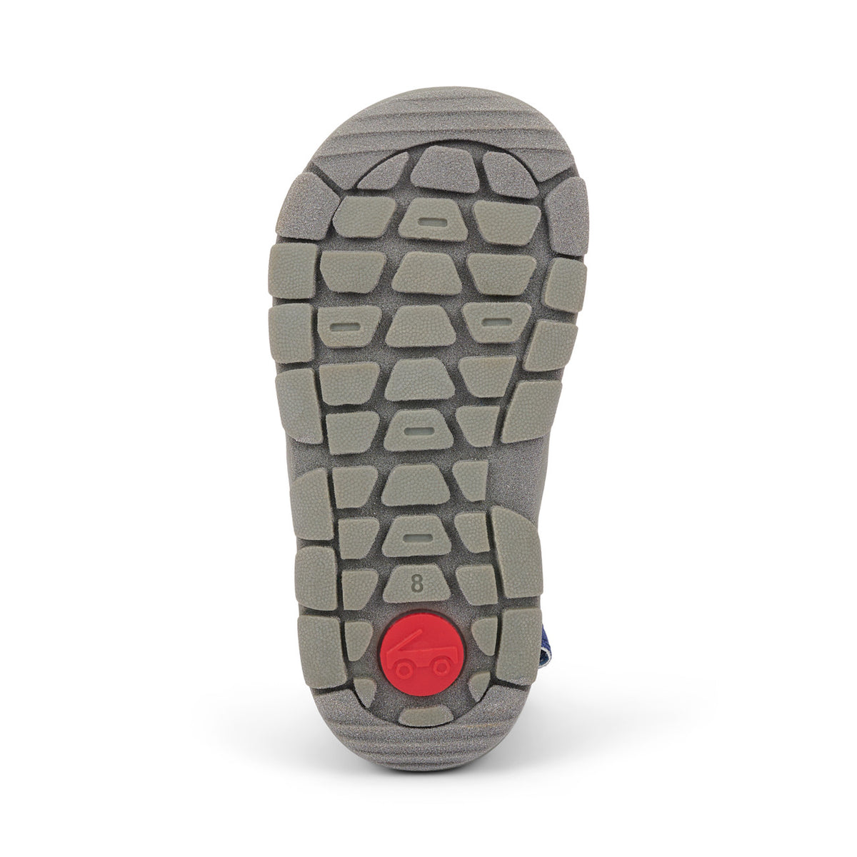 Close-up of a shoe sole with a red logo on a white background