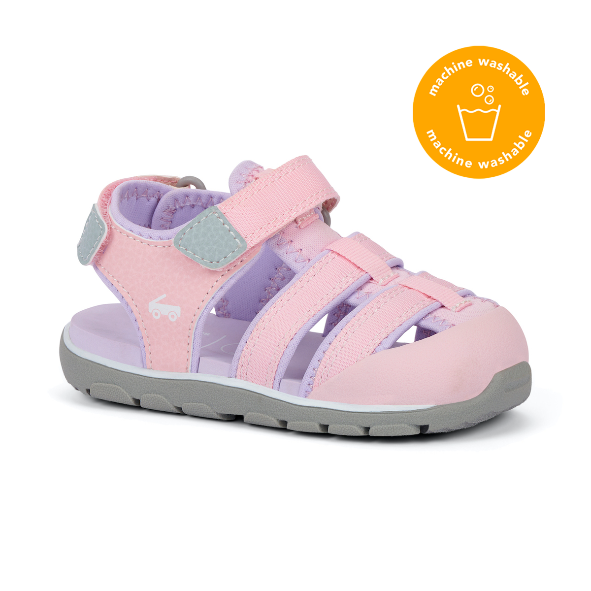 Pink and gray sandal with a machine washable icon on a white background