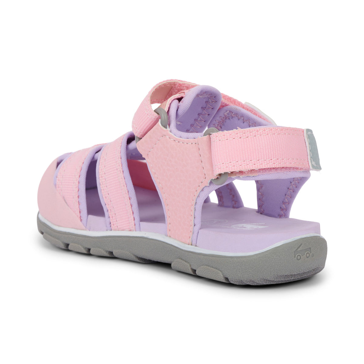 Pink and purple sandal with gray sole on a white background