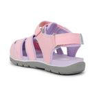 Pink and purple sandal with gray sole on a white background