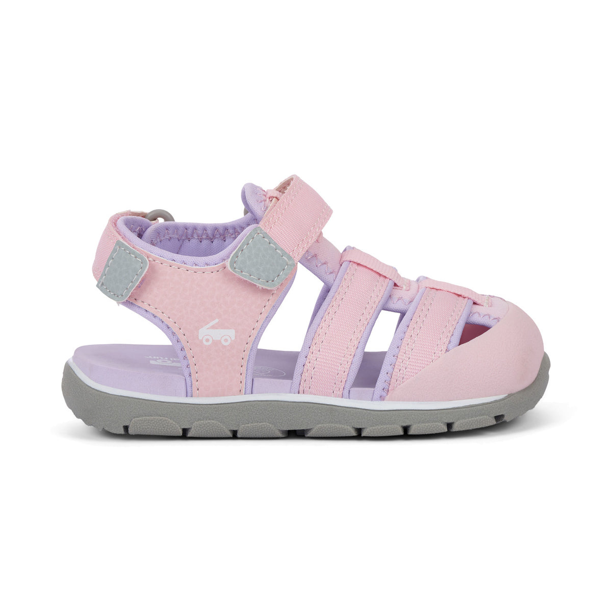 Pink and purple sandal with gray accents on a white background