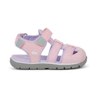 Pink and purple sandal with gray accents on a white background