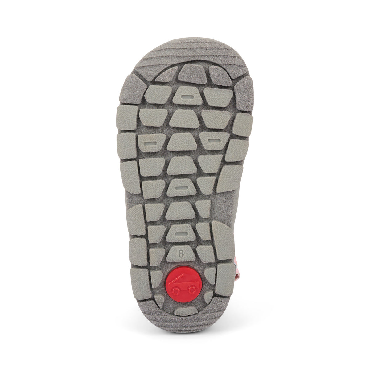 Close-up of a shoe sole with a red logo on a white background