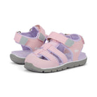 Pair of pink and purple children's sandals with gray accents on a white background