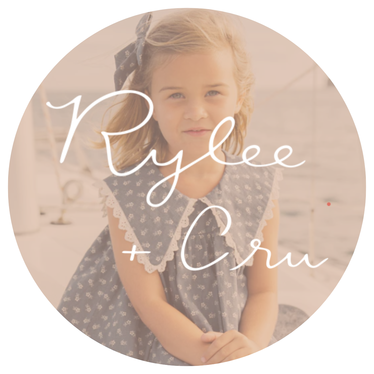 Circular image of a young girl with 'Rylee + Cru' text overlay